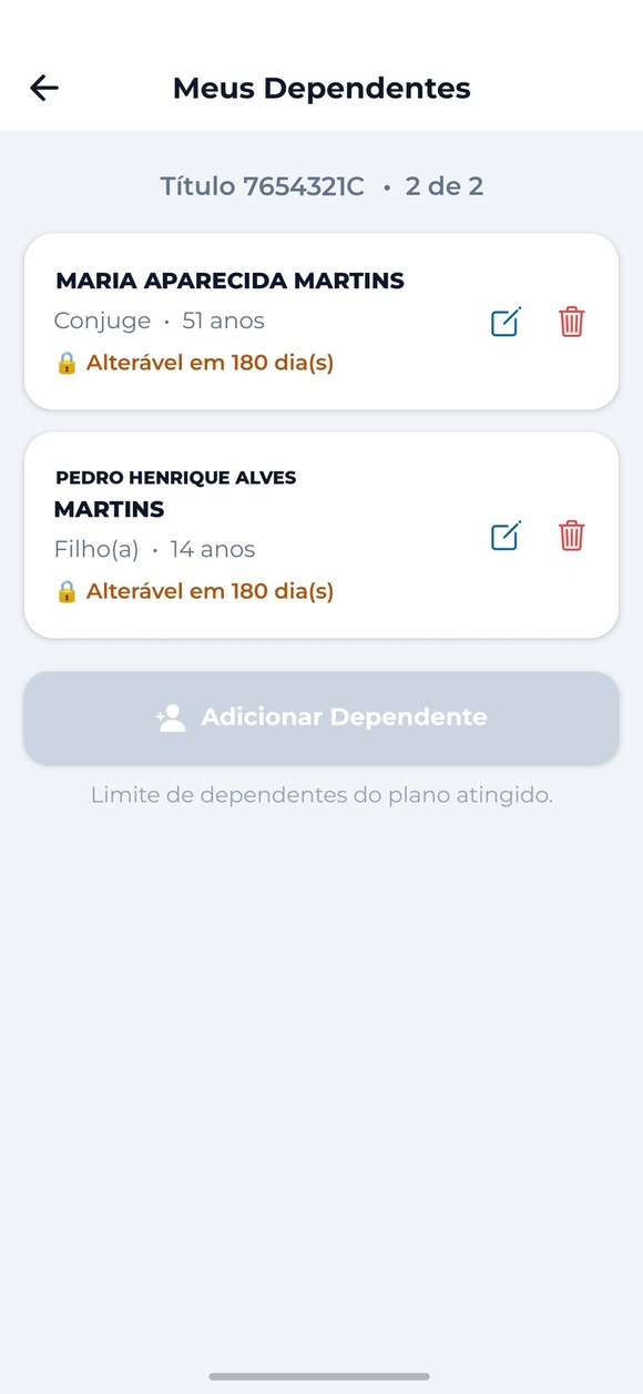 Tela de dependentes cadastrados no Passaport