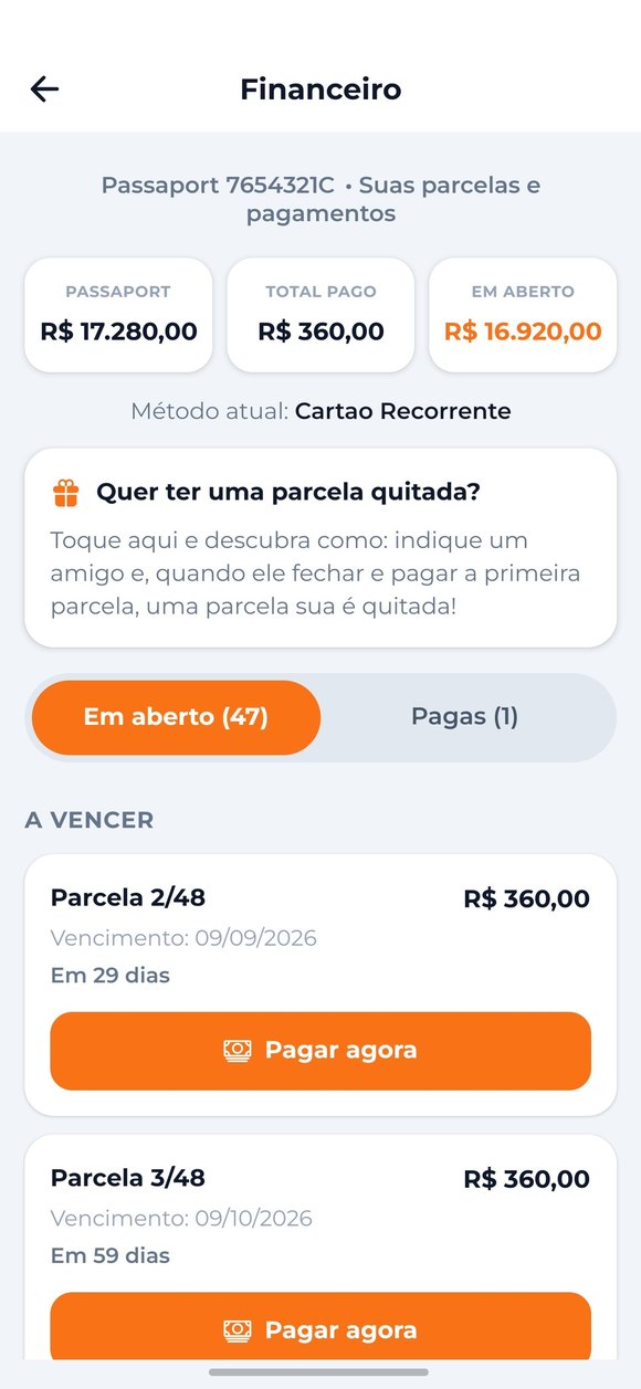 Tela financeira do app, com parcelas em aberto e botão de pagar