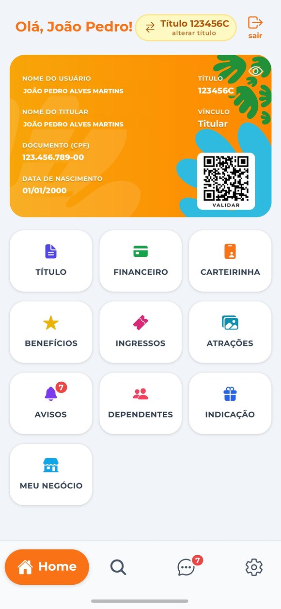 Tela inicial do aplicativo Villa Rica Associado, com a carteirinha digital e os atalhos